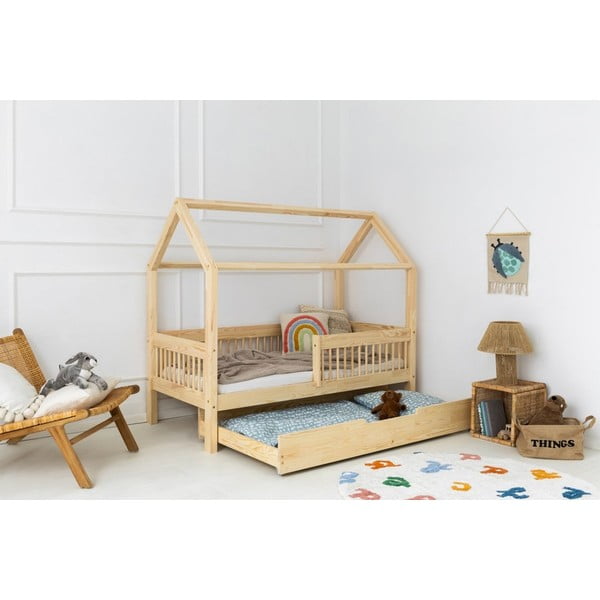 Letto da bambini a forma di casa/estraibile di colore naturale in pino massiccio con contenitore con rete inclusa 90x160 cm MBW – Adeko-image-1