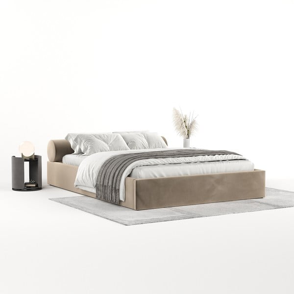 Letto matrimoniale imbottito marrone chiaro con contenitore e rete inclusi 140x200 cm Solvo – Maison de Rêve-image-2