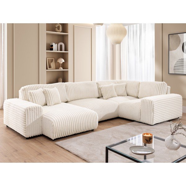 Divano angolare color crema (con penisola a destra/a U) rivestito in velluto a coste Justin – Ropez-image-4