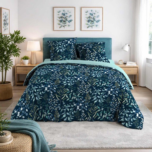 Set copripiumino e federa blu in cotone per letto matrimoniale 3 pezzi 200x200 cm Stacy – douceur d'intérieur-image-2