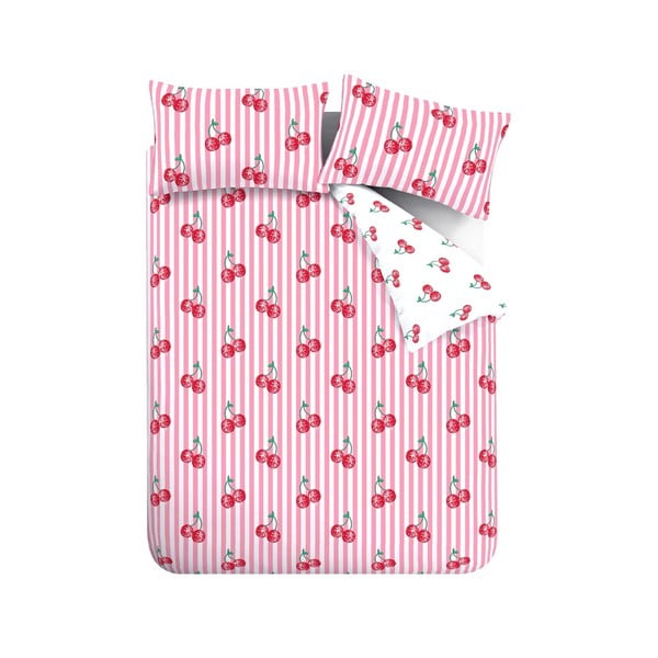 Set copripiumino e federa bianco e rosa per letto matrimoniale 200x200 cm Disco Cherries Stripes – Catherine Lansfield
