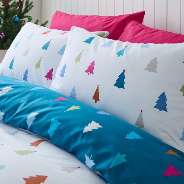 Biancheria da letto singola in microfibra bianca e blu 135x200 cm Christmas Tree - Catherine Lansfield-image-3