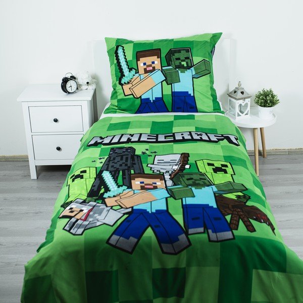 Set copripiumino e federa da bambini verde in microfibra per letto singolo 140x200 cm Minecraft Block Stack – Jerry Fabrics-image-1