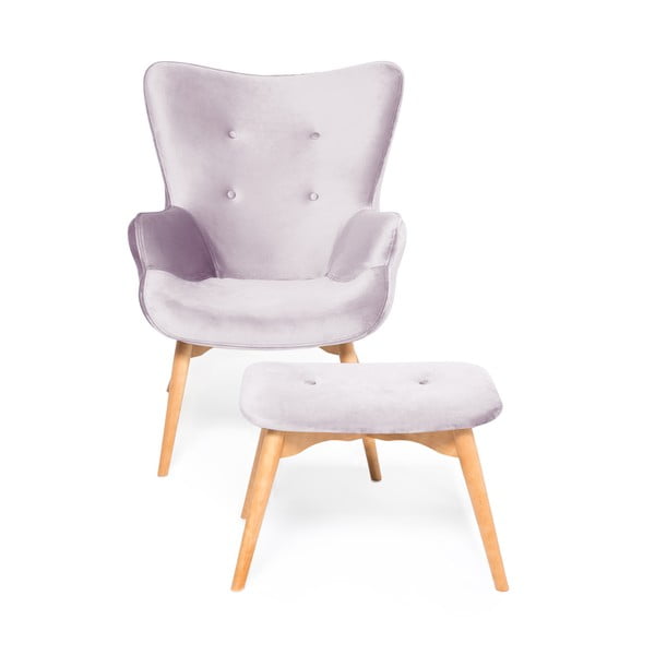 Poltrona e poggiapiedi color viola lavanda con base in colore naturale Cora Velvet - Vivonita-image-2