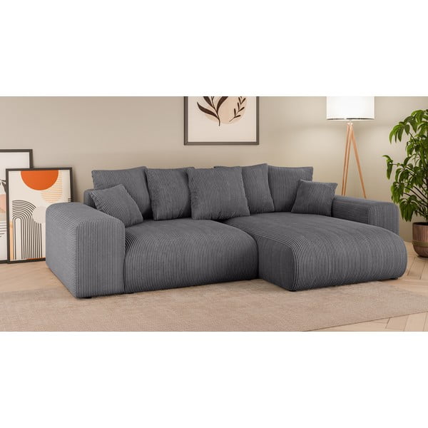 Divano angolare grigio allungabile/con contenitore (con composizione variabile) con rivestimento in velluto a coste Luma – Ropez-image-1