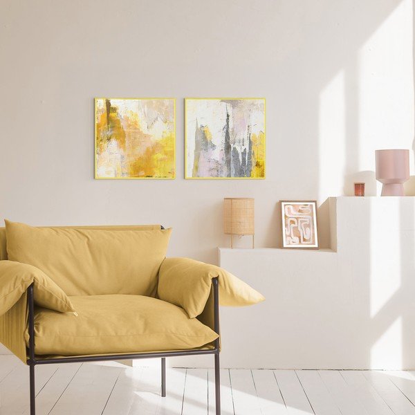 Set di dipinti stampati/con elementi dipinti a mano con cornice inclusa/dipinti su tela 2 pz 41,5x41,5 cm New Age Yellow – Malerifabrikken-image-1