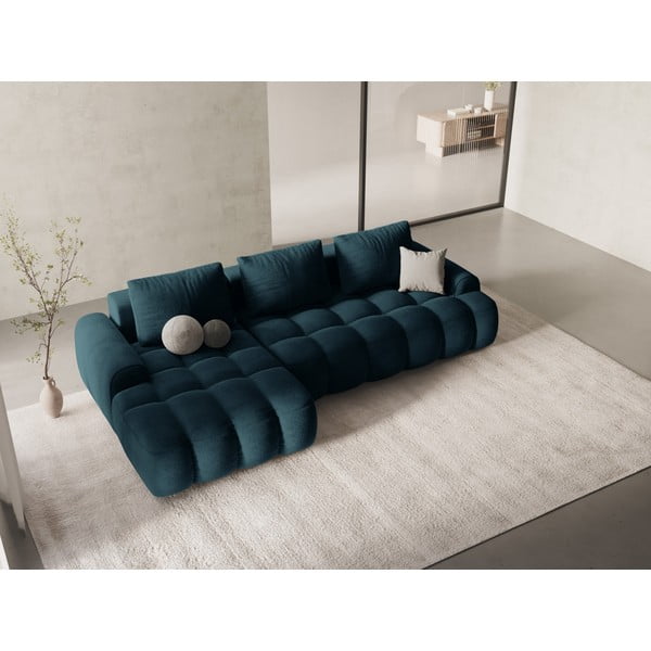 Divano angolare color petrolio allungabile/con contenitore (con penisola a sinistra/con chaise lounge) con rivestimento in velluto Linz – Cosmopolitan Design-image-1