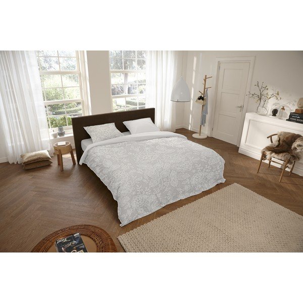 Biancheria da letto matrimoniale Lily in cotone sateen bianco e grigio, 200 x 220 cm Lace - Descanso-image-1