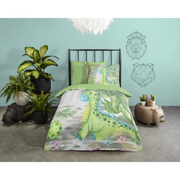 Set copripiumino e federa da bambini verde in cotone per letto singolo ed esteso 140x220 cm Dani – Good Morning-image-1