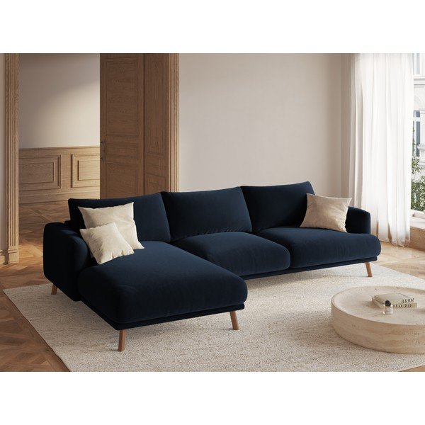Divano angolare blu scuro (con penisola a sinistra/con chaise lounge) con rivestimento in velluto Naomi – Micadoni -image-1