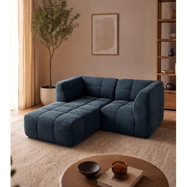 Divano angolare blu (con penisola a sinistra/con chaise lounge) con rivestimento in velluto Aloha – Makamii-image-1