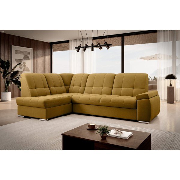 Divano angolare giallo allungabile/con contenitore (con penisola a sinistra/a L) e rivestimento in velluto Sado – ELTAP-image-4