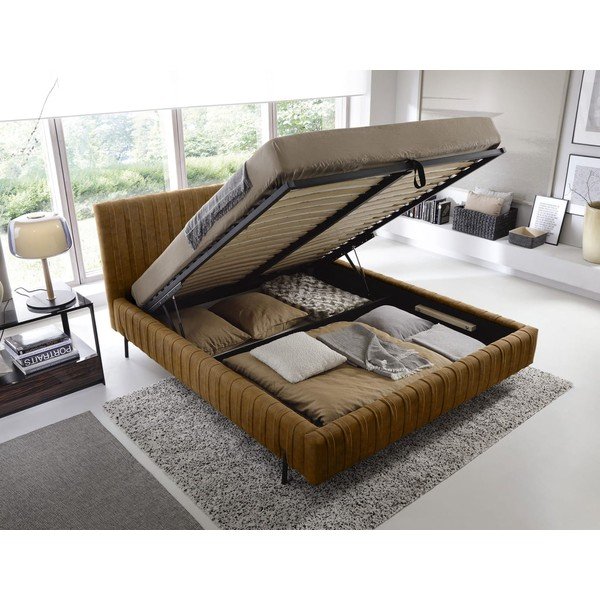 Letto matrimoniale imbottito giallo ocra con contenitore e rete inclusi 180x200 cm Plissa – ELTAP-image-2