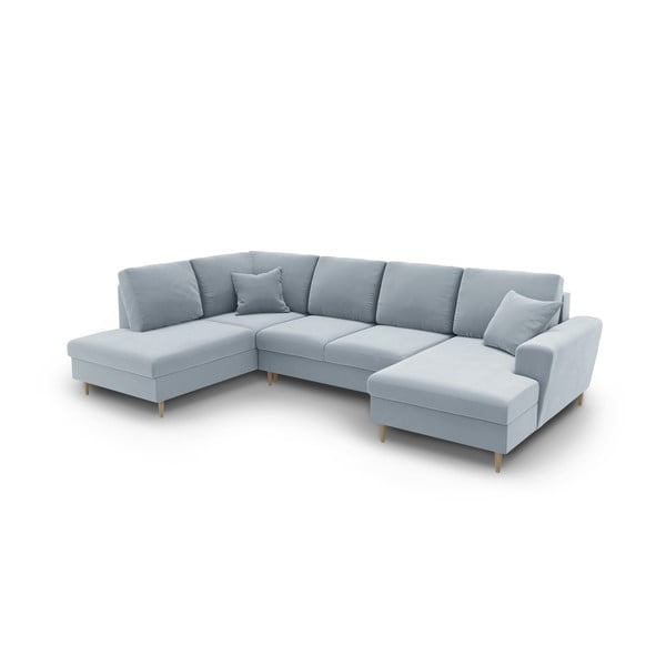 Divano angolare azzurro allungabile e con contenitore (con penisola a sinistra/a U) con rivestimento in velluto Kyoto – Cosmopolitan Design-image-1