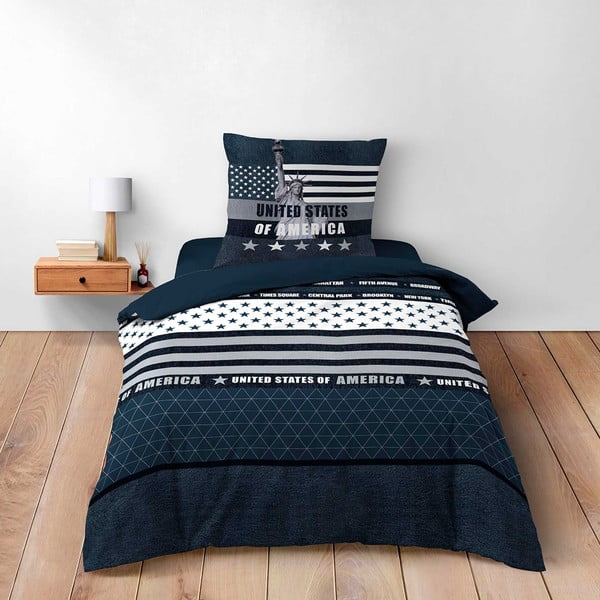 Set copripiumino e federa blu scuro in cotone per letto singolo 140x200 cm States – douceur d'intérieur-image-1