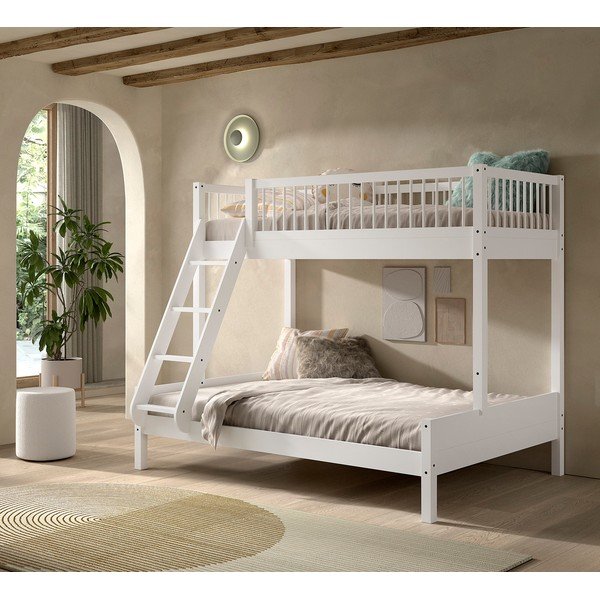 Letto da bambini a castello bianco in faggio massiccio con rete inclusa 140x200/90x200 cm Forrest – Vipack-image-1