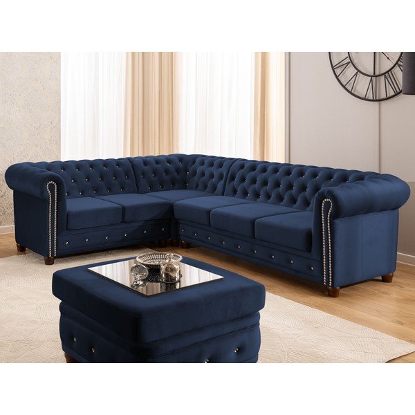 Divano angolare blu allungabile (con penisola a sinistra/a L) con rivestimento in velluto York Blik – Ropez-image-1