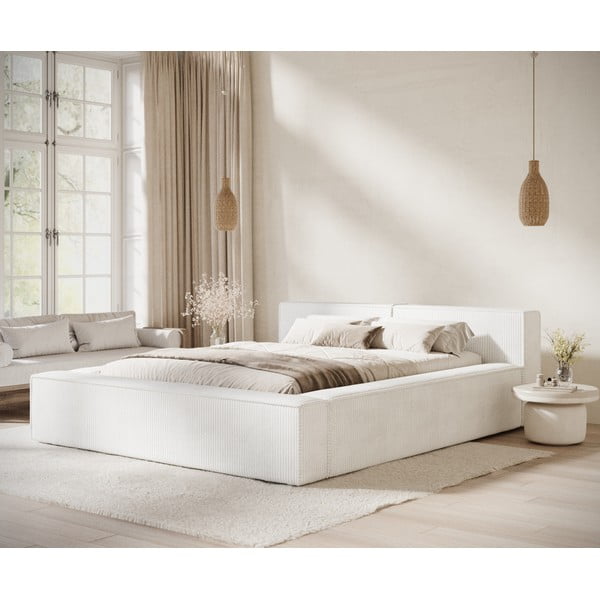 Letto matrimoniale imbottito color crema con contenitore e rete inclusi 160x200 cm Voliera – Maison de Rêve-image-1