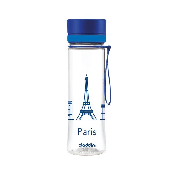 Láhev na vodu s modrým víčkem a potiskem Aladdin Aveo Limited Paris, 600 ml