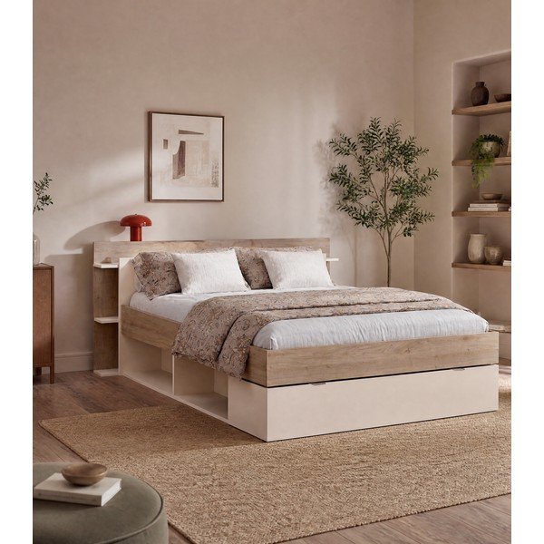 Letto matrimoniale effetto rovere con contenitore senza griglia in colore bianco e naturale 160x200 cm Albo - Marckeric-image-1