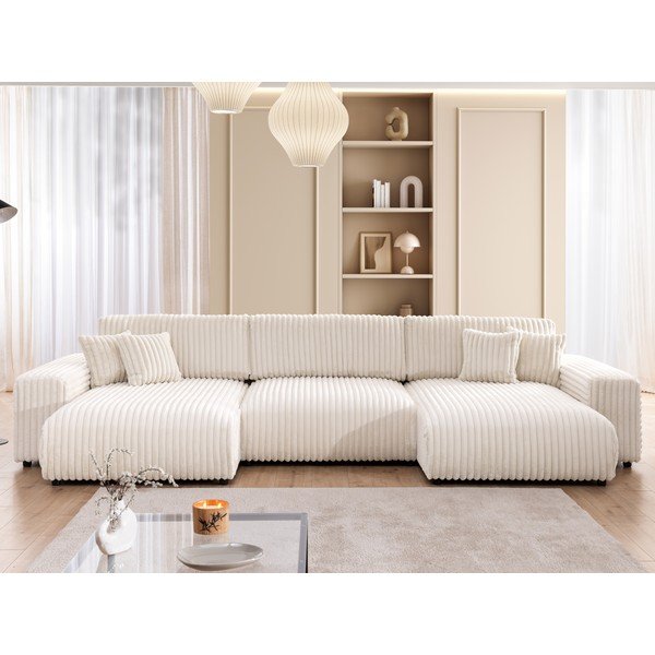 Divano angolare color crema allungabile/con contenitore (a U) rivestito in velluto a coste Sarina – Ropez-image-1