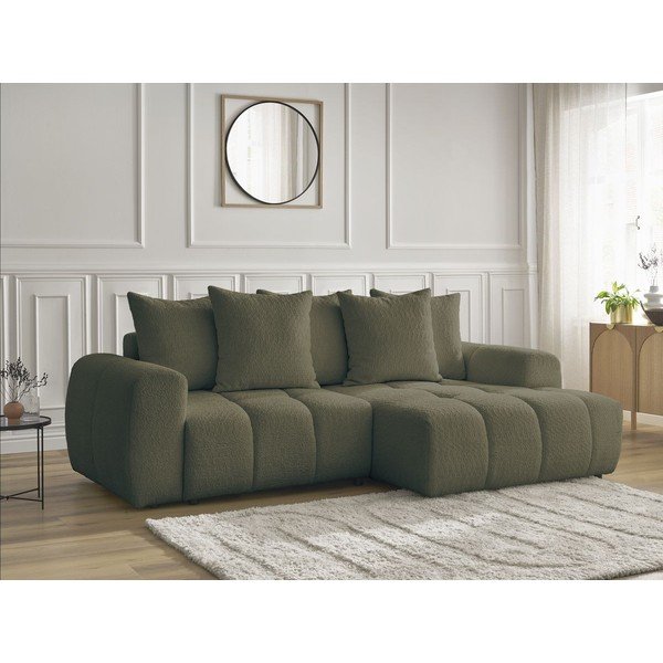 Divano angolare color kaki allungabile/con contenitore (con penisola a destra/con chaise lounge) con rivestimento in bouclé Roxelane – Bobochic Paris-image-3