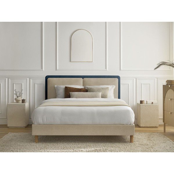 Letto matrimoniale imbottito blu/beige imbottito con rete inclusa 180x200 cm Mara – Bobochic Paris-image-3