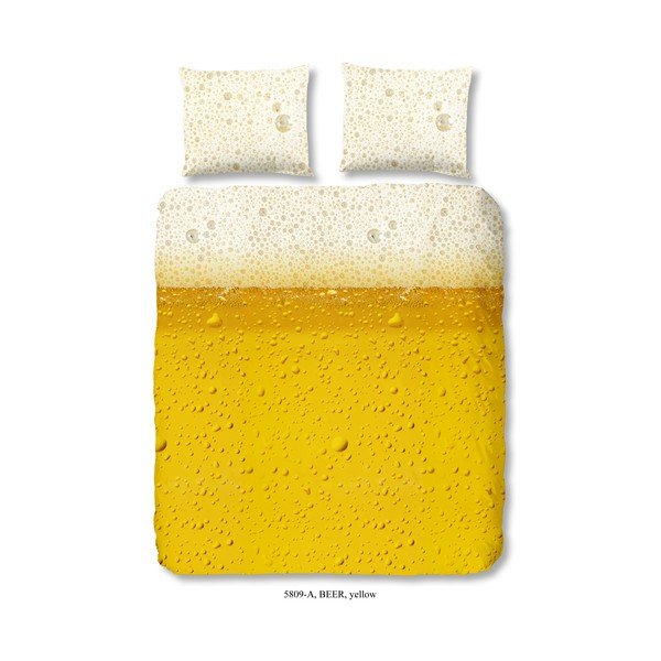 Žluté bavlněné povlečení na jednolůžko Good Morning Beer, 135 x 200 cm