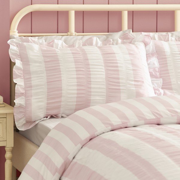 Set copripiumino e federa rosa per letto matrimoniale 3 pezzi 200x200 cm Seersucker Frill Stripe – Catherine Lansfield-image-2