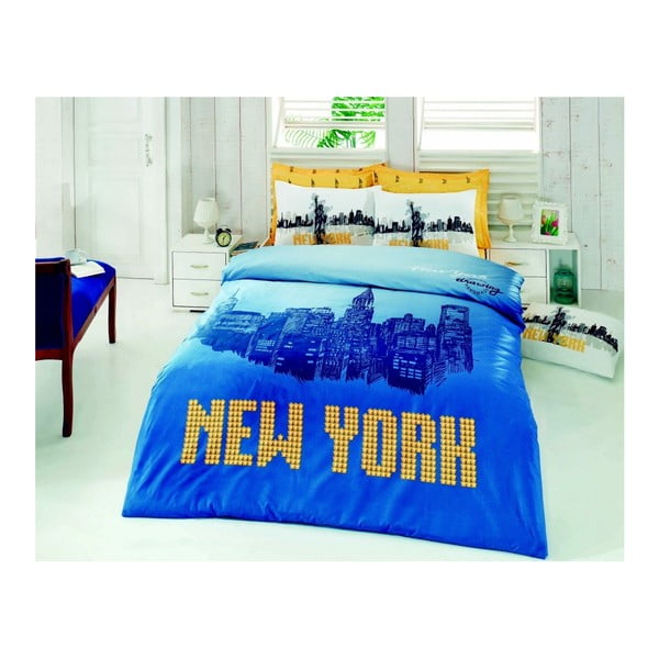 Biancheria da letto matrimoniale con lenzuolo con scritta New York, 200 x 220 cm - Mijolnir