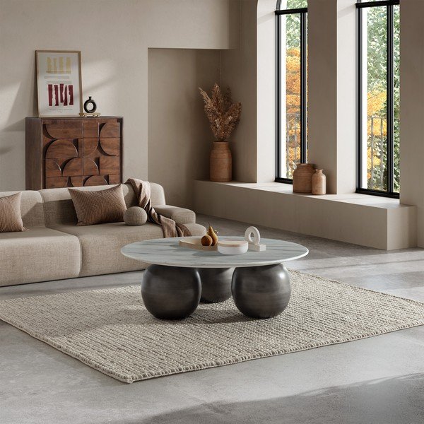 Tavolino da salotto rotondo bianco/nero con piano in marmo ø 120 cm Tanya – MOME-image-1