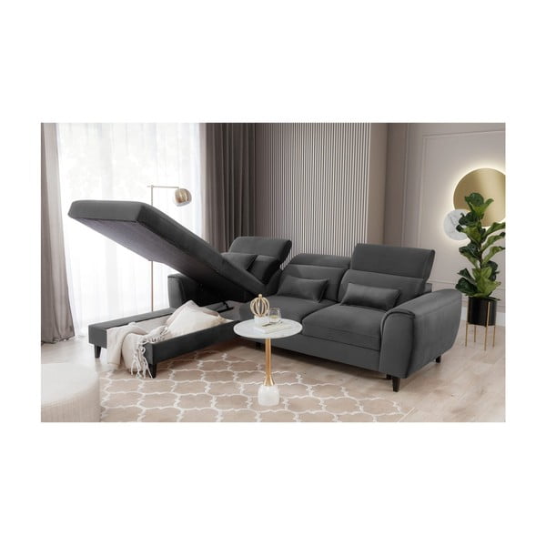 Divano angolare grigio scuro allungabile/con contenitore (con penisola a sinistra/con chaise lounge) e rivestimento in velluto Foble – ELTAP-image-4