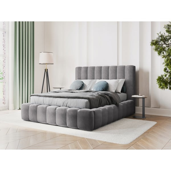 Letto matrimoniale imbottito grigio con contenitore con griglia 180x200 cm Kelp - Micadoni Home-image-1