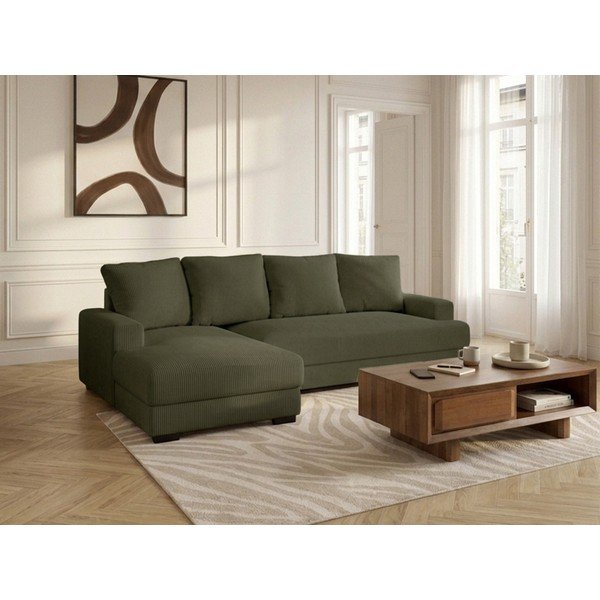 Divano angolare verde allungabile/con contenitore (con penisola a sinistra/con chaise lounge) con rivestimento in velluto a coste Campi – Bobochic Paris-image-1