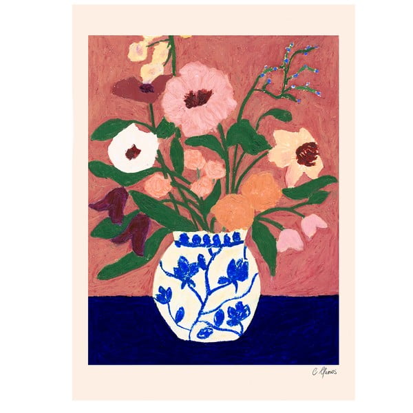 Poster 30x40 cm Flowers on Blue Table – Carla Llanos – The Poster Club