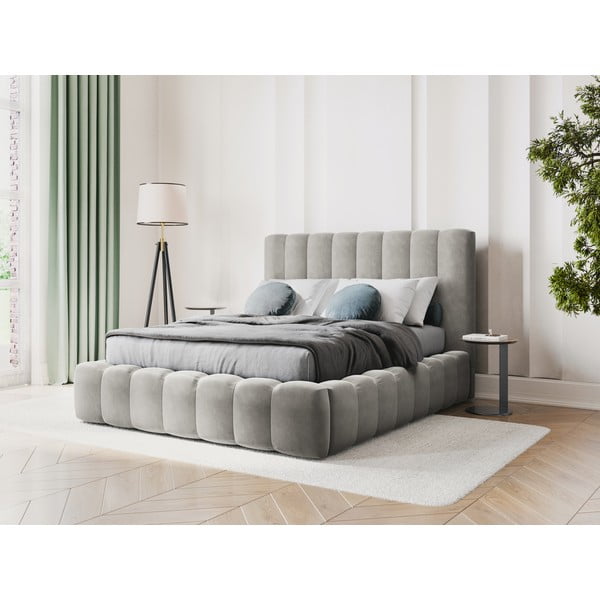 Letto matrimoniale imbottito grigio chiaro con contenitore con griglia 180x200 cm Kelp - Micadoni Home-image-1
