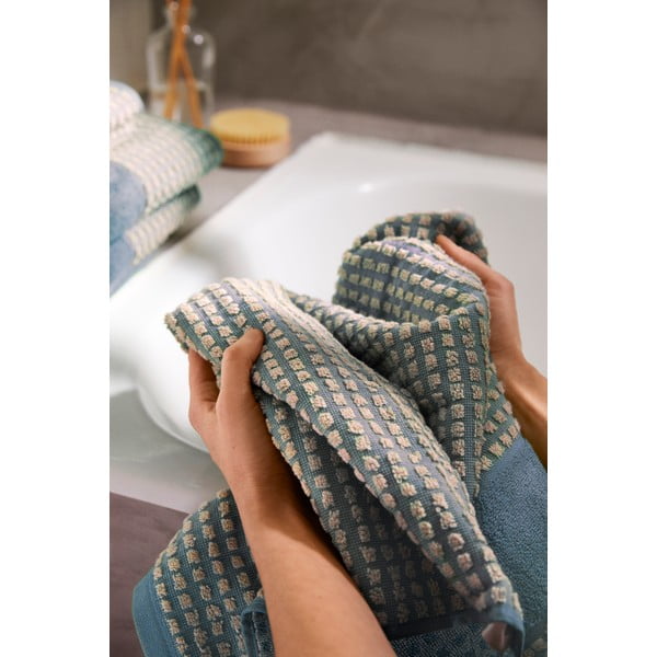 Telo da bagno in cotone biologico azzurro-beige 70x140 cm Check - JUNA-image-4