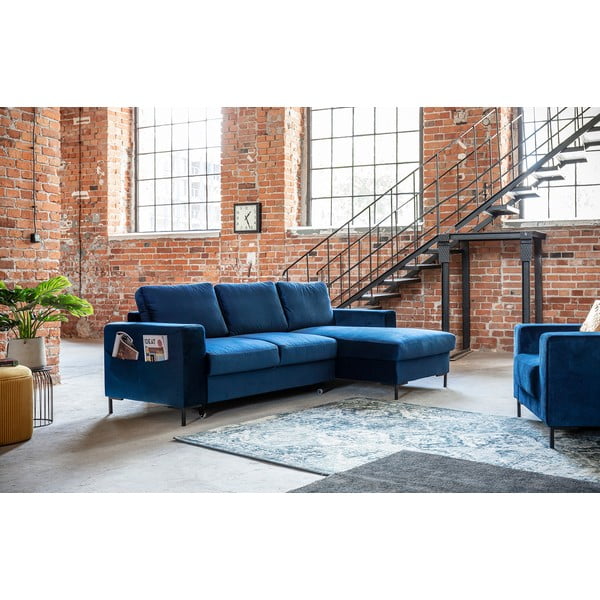 Divano letto angolare in velluto blu navy, angolo destro Lofty Lilly - Miuform-image-3