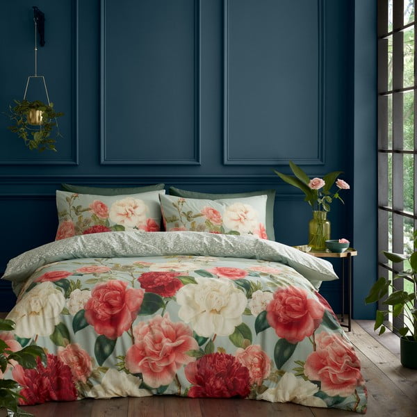 Biancheria da letto singola in cotone rosa e verde 135x200 cm Rose Garden - RHS