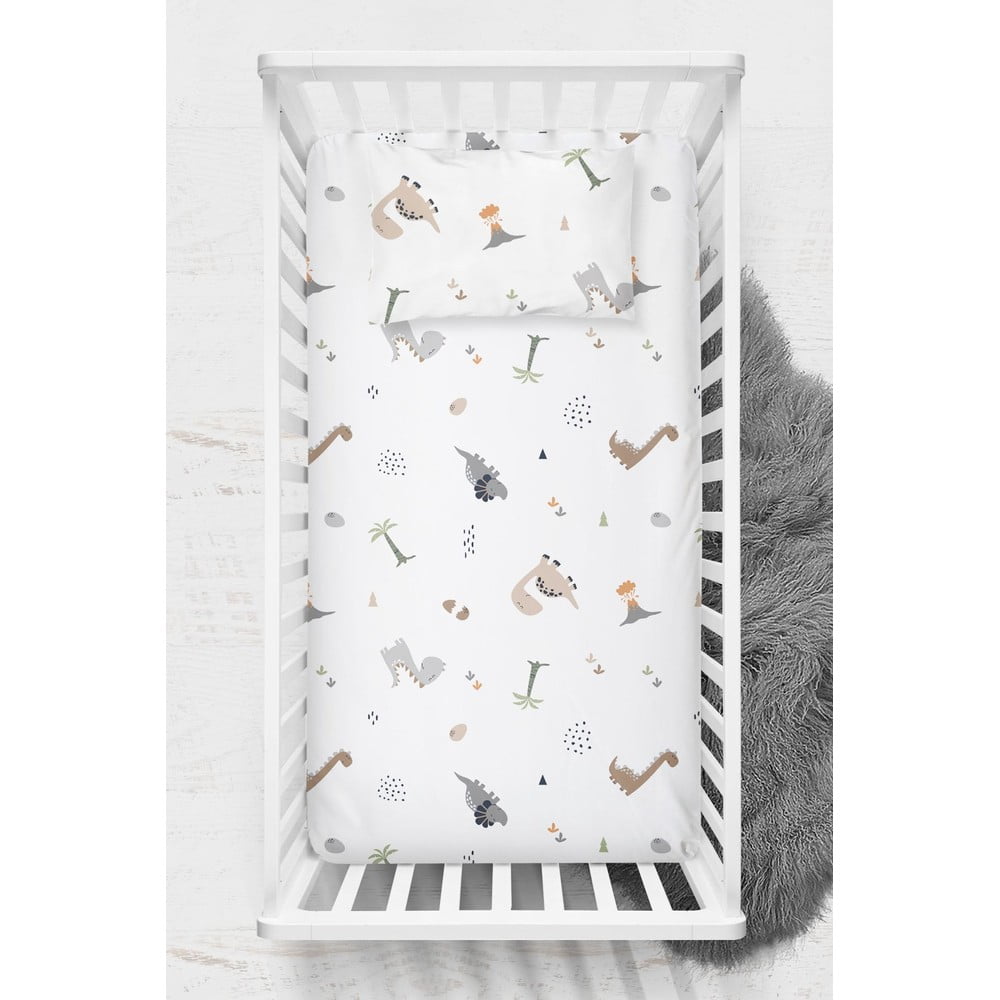 Set di lenzuolo e federa per bambini bianco in cotone renforcé per culla 100x150 cm Dinozor – Mijolnir | Lenzuola per bambini