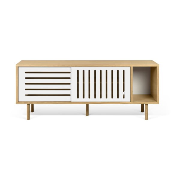 Cassettiera TV in rovere con dettagli bianchi Dann Stripes, lunghezza 165 cm - TemaHome