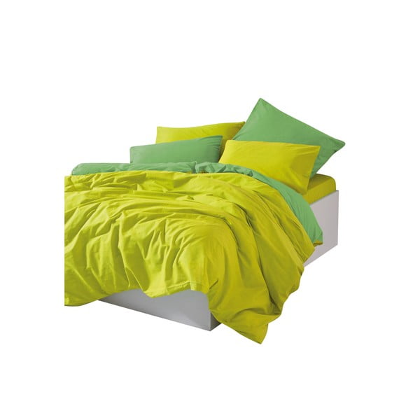 Set copripiumino e federa giallo/verde in cotone renforcé per letto matrimoniale/per letto esteso con lenzuolo incluso/4 pezzi 200x220 cm Sage – Mijolnir
