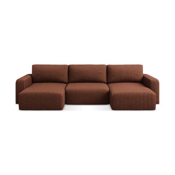 Divano angolare color terracotta allungabile/con contenitore (a U) con rivestimento in velluto a coste Kona – Makamii