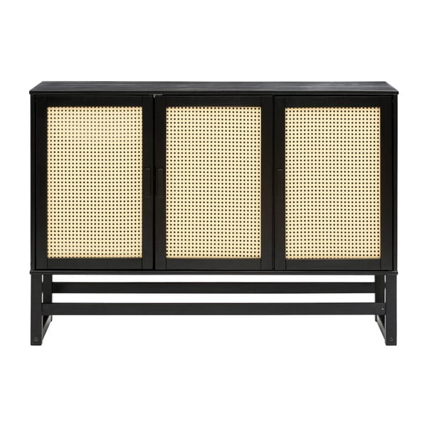 Cassettiera in legno di pino nero con ante in rattan , larghezza 128 cm Jolene - Støraa