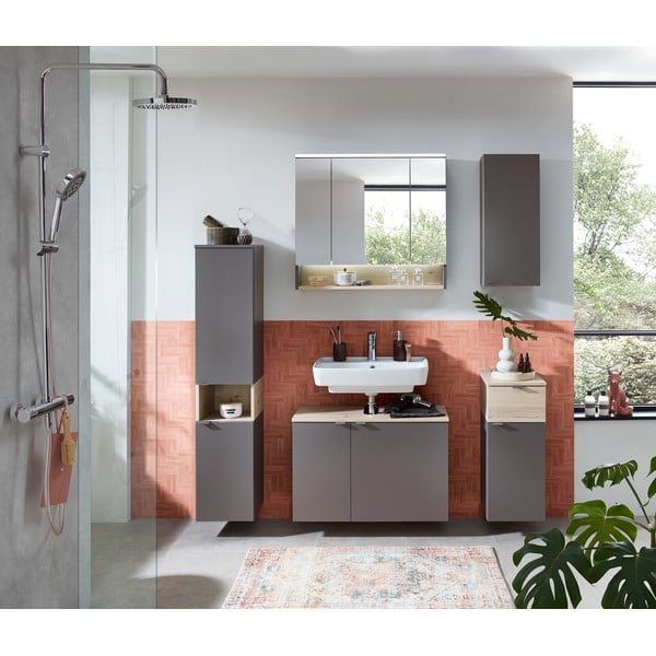 Mobile per bagno grigio e color naturale con effetto pino basso da appendere 72x30 cm Quickset 394 – Pelipal-image-4