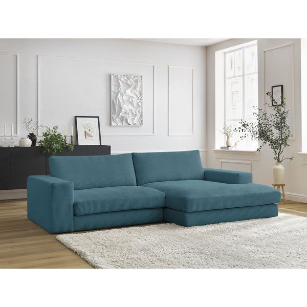 Divano angolare blu (penisola a destra/chaise lounge) con rivestimento in velluto a coste Leonard – Bobochic Paris-image-1