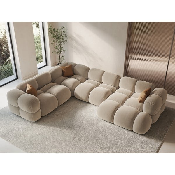 Divano angolare beige (con penisola a sinistra/a U) con rivestimento in velluto Loretto – Cosmopolitan Design-image-1