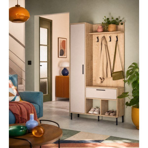 Set da ingresso effetto rovere con decoro crema-naturale 108x195x35 cm Heidy - Marckeric-image-3