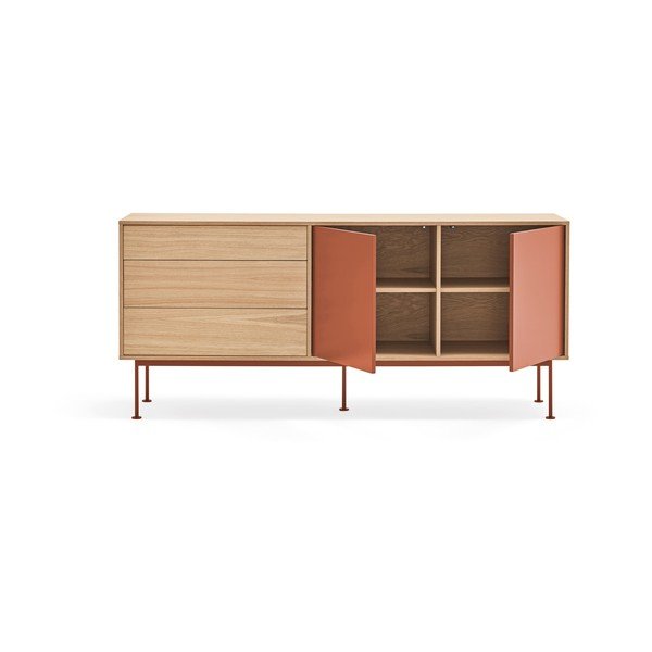 Cassettiera rosso mattone impiallacciata in rovere, larghezza 180 cm Yoko - Teulat-image-4