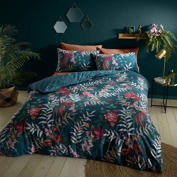 Biancheria da letto verde scuro per letto matrimoniale/per letto esteso 230x220 cm Tropical Floral Birds – Catherine Lansfield-image-1